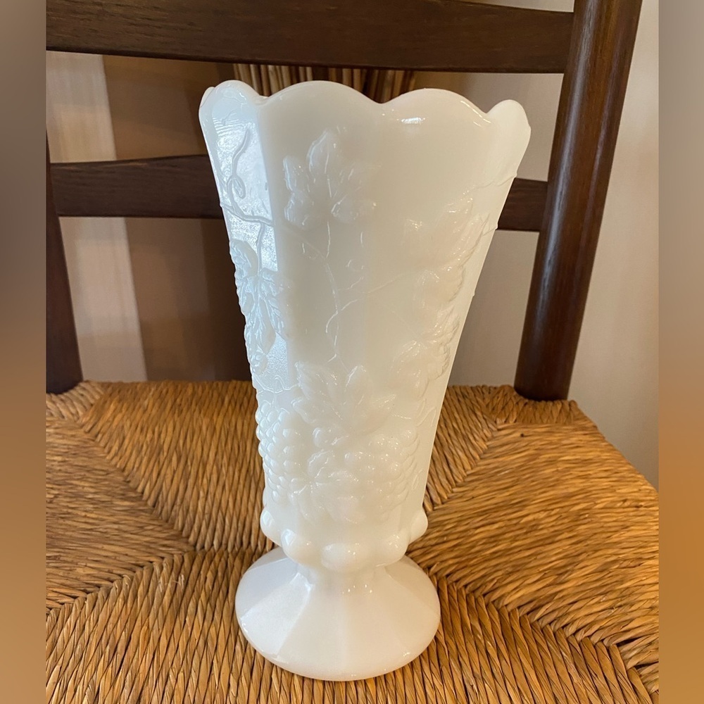 Vintage Anchor Hocking Paneled Milk Glass Vase With Grape Design